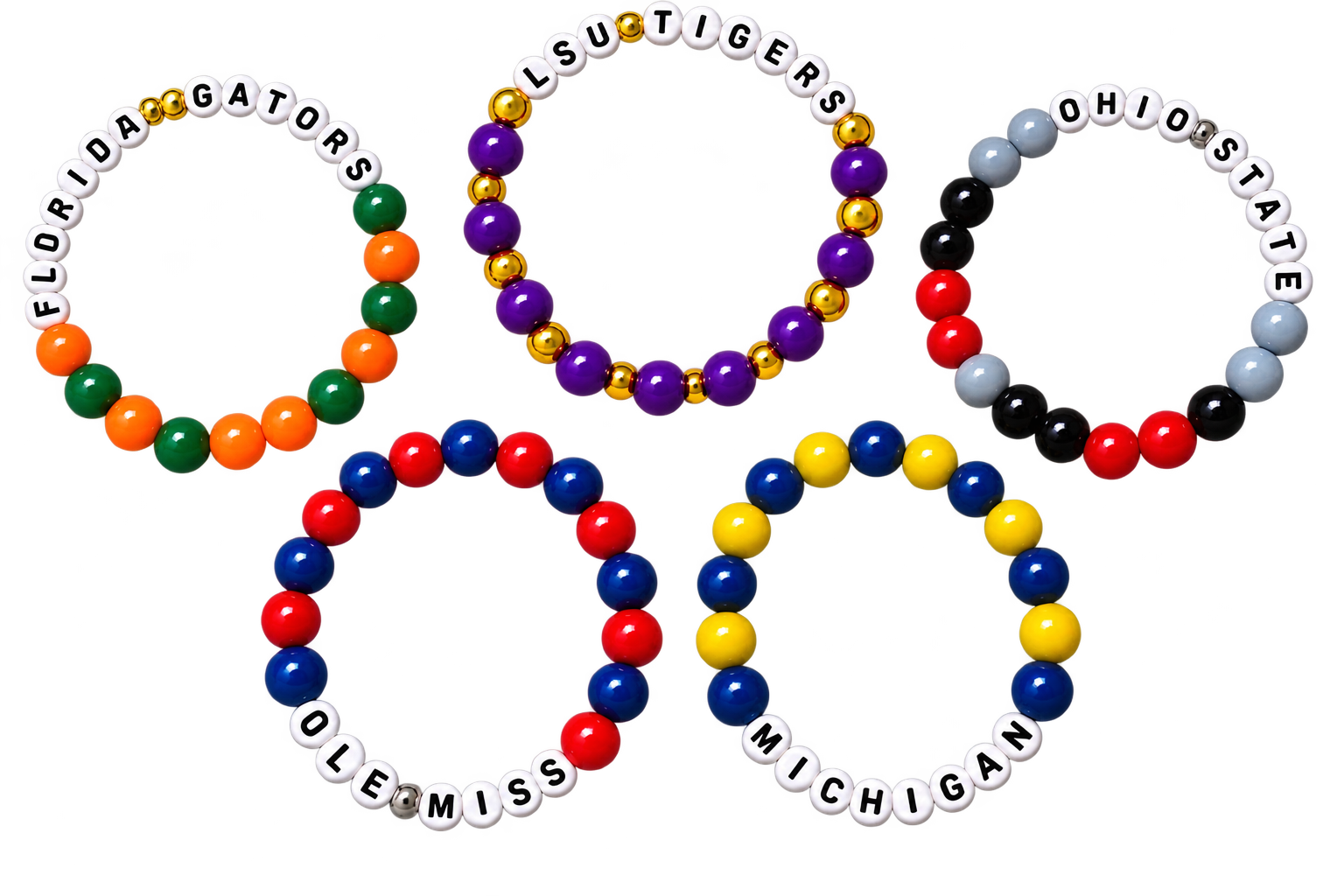 Five beaded championship bracelets arranged in a ring-like layout on a plain white background. Each bracelet features team lettering for Florida Gators, LSU Tigers, Ohio State, Ole Miss, and Michigan, with beads in multiple bright colors including white, red, blue, yellow, green, orange, black, and purple.