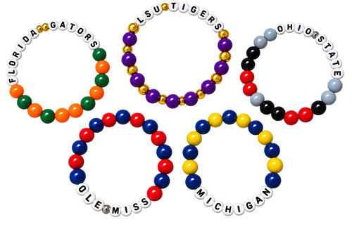 Five beaded championship bracelets arranged in a ring-like layout on a plain white background. Each bracelet features team lettering for Florida Gators, LSU Tigers, Ohio State, Ole Miss, and Michigan, with beads in multiple bright colors including white, red, blue, yellow, green, orange, black, and purple.